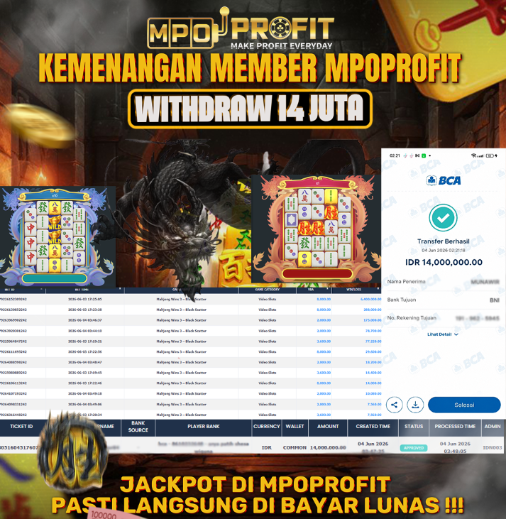 MPOPROFIT JACKPOT SLOT PRAGMATIC! KEMENANGAN MURNI DI (MAHJONG BLACK SCATTER TOTAL 14,000.000,- LUNAS)